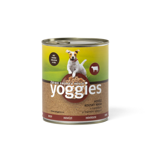 800g Yoggies hovězí konzerva s karotkou a lněným olejem
